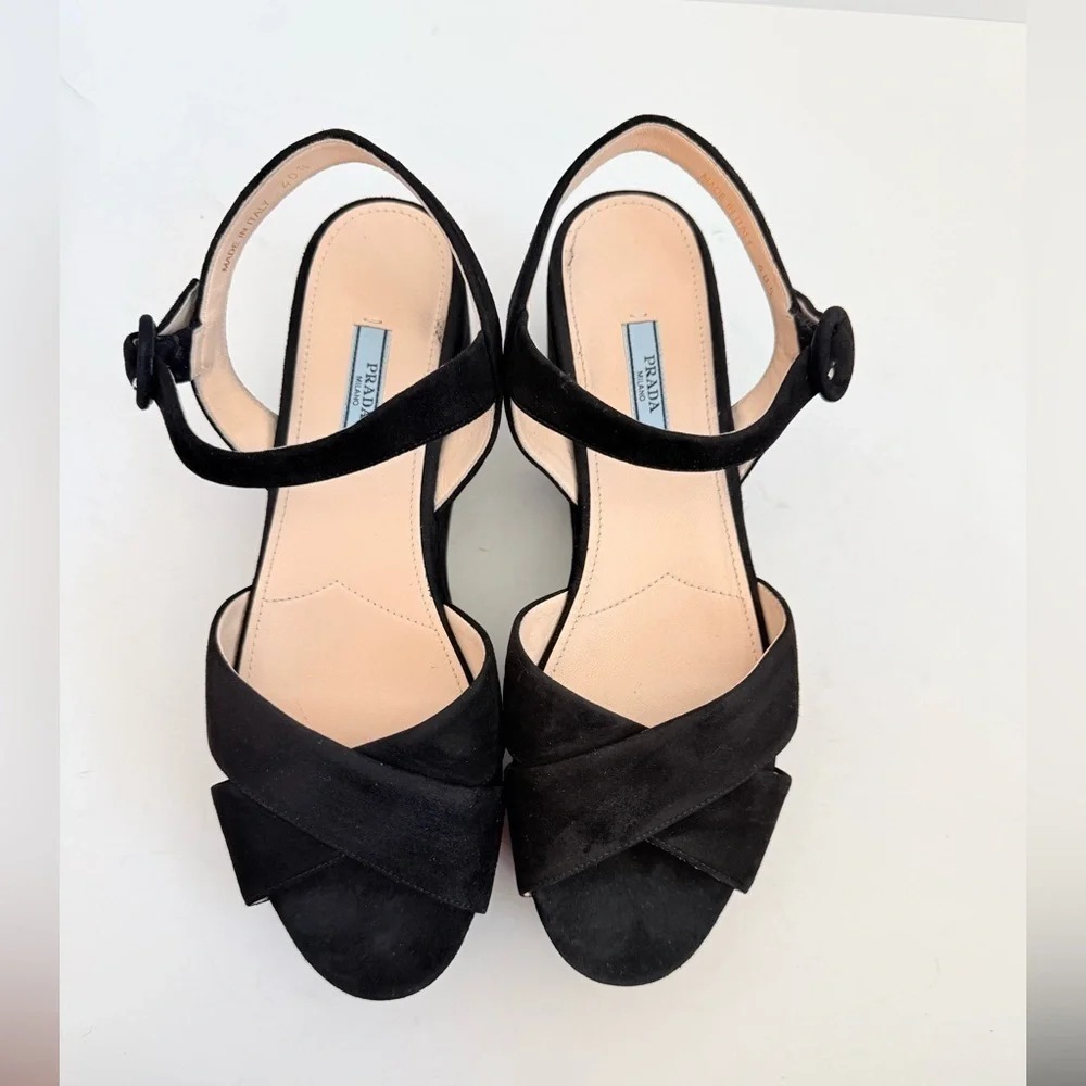 Prada Black Suede leather Wedge peep toe Criss cross sandals EU 40.5